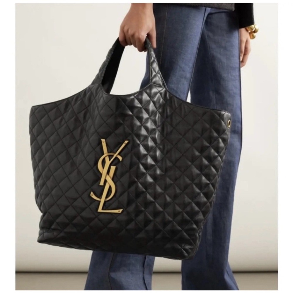 Yves Saint Laurent Black Quilted Leather Tote with Gold YSL Logo